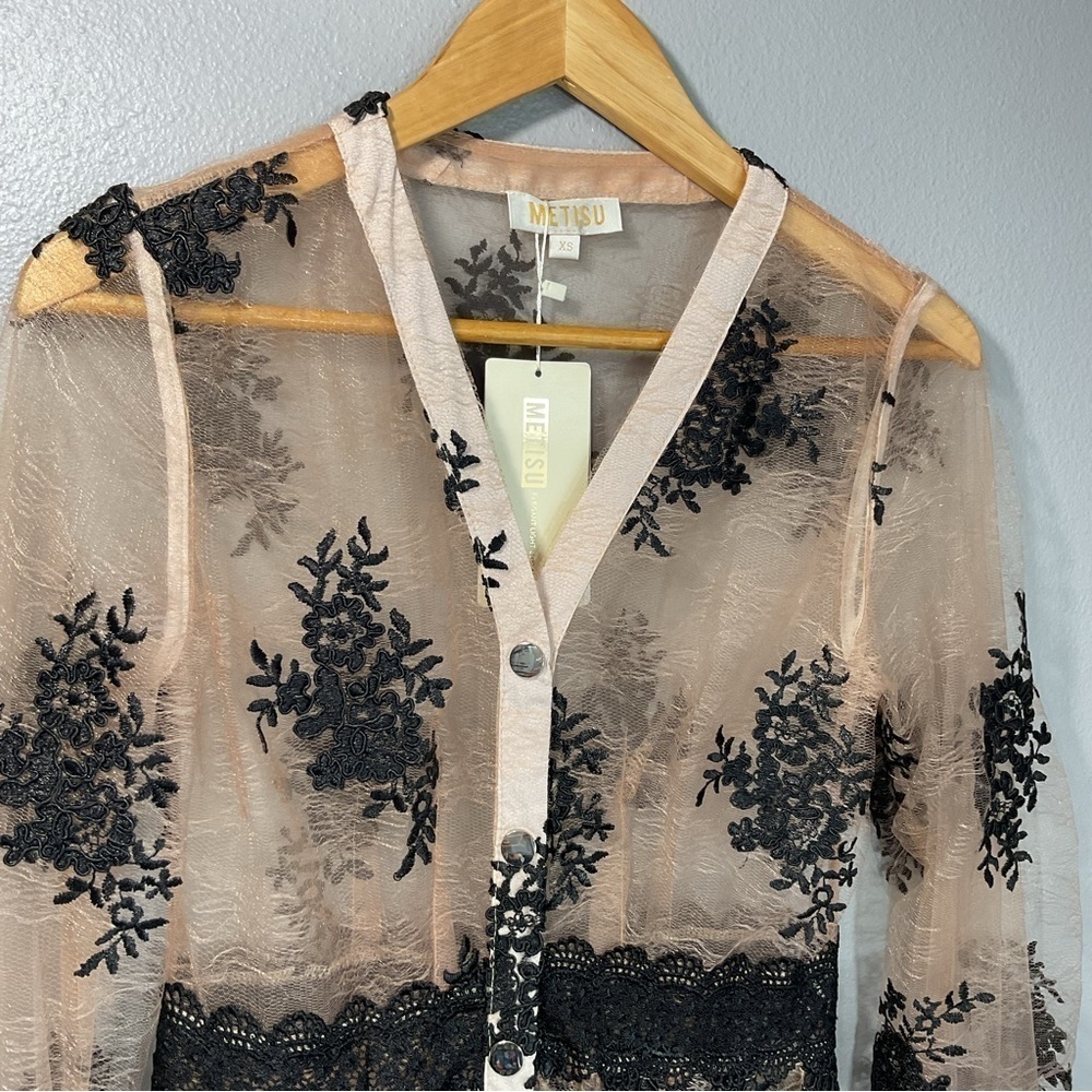 Metisu snap button up floral embroidery mesh overlay dress size XS New D35 - Picture 5 of 11
